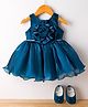 Bluebell Satin Woven Sleeveless Party Frock with Floral Aplique and Booties - Teal Blue