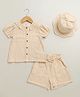 Sweetlime by A.S Organic Organic Cotton Woven Half Puffed Sleeves Striped Coordinating Top & Shorts Set With Hat - Beige