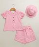 Sweetlime by A.S Organic Organic Cotton Woven Half Puffed Sleeves Striped Coordinating Top & Shorts Set With Hat - Pink