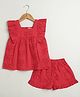 Sweetlime by A.S Cotton Woven Sleeveless Palm Frond Schiffli Embroidered Coordinating Top & Shorts Set - Bright Red