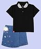 Kiddopanti Cotton Knit Half Sleeves Solid Polo Tee & Mirror Work Detailed Denim Woven Over Lap Skort Set - Black & Blue