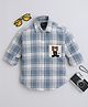 Polka Tots Cotton Woven Full Sleeves Bear Patch Detailed Checked Shirt - Blue