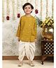Polka Tots Cotton Woven Full Sleeves Abstract Threadwork Embroidered Angrakha Kurta With Dhoti Set - Yellow