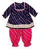 Little Ginnie Cotton Woven Three Fourth Sleeves Lehriya Printed & Gota Lace Embellished Kurti Salwar Set - Navy Blue