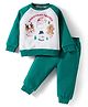 Little Kangaroos Fleece Woven Full Raglan Sleeves Winter Wear Sweatshirt & Joggers Set with Reindeer & Snowman Print & Patch - Dark Green