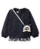 Little Kangaroos Fleece Woven Full Sleeves Party Top With Glitter Print & Sling Bag - Black