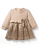 Little Kangaroos Fleece Knit Full Sleeves Printed Winter Frock with Bow Applique - Tan