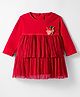 Little Kangaroos Fleece Woven Full Sleeves Layered Winter Frock with Deer Applique - Red