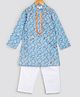 Hugsntugs Cotton Woven Full Sleeves Abstract Printed & Mirror Work Embellished Kurta Pyjama Set - Blue
