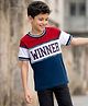Kookie Kids Single Jersey Knit Drop Shoulder Half Sleeves  Round Neck T-Shirt with Winner Text Print - Red White & Navy Blue