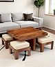 Ikiriya Blane Sheesham Wood Accent Coffee Table Set / Center Table / Sofa Table with 4 Stools in Natural Teak Finish with Jute White Cushions