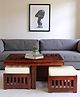Ikiriya Palladio Sheesham Wood Accent Coffee Table Set / Center Table / Sofa Table with 4 Stools in Honey Finish with Jute White Cushions