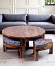 Ikiriya Nashville Sheesham Wood Mid Century Coffee Table Set / Center Table / Sofa Table with 4 Stools in Teak Finish with Grey Brid Print Kantha Cushions