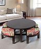 Ikiriya Nashville Sheesham Wood Bohemian Coffee Table Set / Center Table / Sofa Table with 4 Stools in Dark Mahagony Finish with Israel Print Patchwork Kantha Cushions
