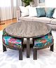 Ikiriya Nashville Sheesham Wood Country Side Coffee Table Set / Center Table / Sofa Table with 4 Stools in Antique Grey Finish with Sea Green Fruit Print Kantha Cushions