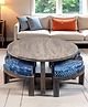 Ikiriya Nashville Sheesham Wood Country Side Coffee Table Set / Center Table / Sofa Table with 4 Stools in Antique Grey Finish with Indigo Patchwork Kantha Cushions