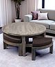 Ikiriya Nashville Sheesham Wood Country Side Coffee Table Set / Center Table / Sofa Table with 4 Stools in Antique Grey Finish with Cedar Brown Velvet Cushions