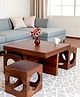 Ikiriya Nordic Sheesham Wood Accent Coffee Table Set / Center Table / Sofa Table with 4 Stools in Provisional Teak Finish with Brown Leatherite Cushions