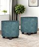 Ikiriya Lisbon Solid Wood Contemporary Round Set of 2 Ottoman / Pouffee / Pouf Stool / Stool  in Blue Jacquard Work Fabric Upholstery