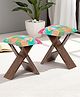 Ikiriya Dayton Sheesham Wood Mid Century Square Set of 2 Foldable Stool / Pouf Stool / Ottoman / Poufee in Sea Green Fruit Print Kantha Upholstery