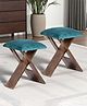 Ikiriya Dayton Sheesham Wood Accent Square Set of 2 Foldable Stool / Pouf Stool / Ottoman / Poufee in Turquoise Sea Velvet Upholstery