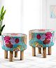 Ikiriya Morgan Acacia Wood Mid Century Round Set of 2 Pouf Stools / Pouffee / Stool / Ottoman in Sea Green Fruit Print Kantha Upholstery