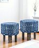 Ikiriya Morgan Acacia Wood Mid Century Round Set of 2 Pouf Stools / Pouffee / Stool / Ottoman in Indigo Patchwork Kantha Upholstery