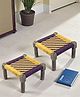 Ikiriya Riaza Sheesham Wood Vintage Square Maachi Set of 2 Foot Stool / Khaatiya / Charpai / Stool in Yellow & Purple Rope Canning