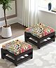 Ikiriya Amber Sheesham Wood Bohemian Square Set of 2 Foot Stools / Pouf Stools / Pouffee / Stool / Ottoman in Dark Mahagony Finish with Israel Print Patchwork Kantha Cushion