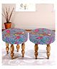 Ikiriya Roswell Sheesham Wood Mid Century Round Set of 2 Stools / Pouf Stools / Pouffee / Foot Stool / Ottoman in Grey Brid Print Kantha Upholstery