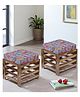 Ikiriya Houston Sheesham Wood Mid Century Square Set of 2 Stools / Pouf Stools / Pouffee / Foot Stool / Ottoman in Teak Finish with Grey Brid Print Kantha Cushion