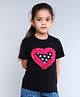 PinkChick Cotton Woven Half Sleeves Heart Designed Polka Dots Printed Tee With Bow Applique Detailed Hair Clip - Black