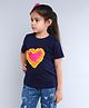 PinkChick Cotton Woven Half Sleeves Heart Designed Tee With Bow Applique Detailed Hair Clip - Navy Blue