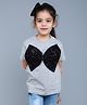 PinkChick Cotton Woven Half Puffed Sleeves Bow Applique Detailed Tee With Hair Clip - Grey