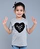 PinkChick Cotton Woven Half Puffed Sleeves Heart Designed Tee With Bow Applique Detailed Hair Clip - Grey