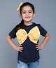PinkChick Cotton Woven Half  Sleeves Bow Detailed Tee With  Hair Clip - Navy Blue