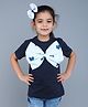 PinkChick Cotton Woven Half Sleeves Bow Applique Detailed Tee With Hair Clip - Navy Blue