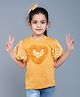 PinkChick Cotton Woven Half Puffed Sleeves Frill & Heart Applique Detailed Tee With Hair Clip - Yellow