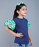 PinkChick Cotton Woven Half Puffed Sleeves Hearts Printed Top - Royal Blue