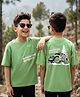 Kookie Kids Single Jersey Knit Drop Shoulder Half Sleeves Round Neck T-Shirt with Off Road Adventure Text Print - Olive Green