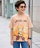 Kookie Kids Single Jersey Knit Drop Shoulder Half Sleeves Round Neck T-Shirt with Level Up Text Print - Peach