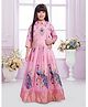 Tiny Kingdom Woven Peacock & Floral Printed Mor Pankh Embroidered & Beads Embellished Gown With Three Fourth Sleeves Jacket - Pink