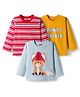 Babyhug 100% Cotton Knit Full Sleeves T-Shirts with Fox Graphic & Stripes Pack of 3 - Red Yellow & Light Blue