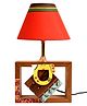 AAKRITI ART CREATIONS Table Lamp Handcrafted in Wood with Tribal Motifs and Bird with Red Shade .
