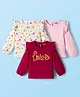 Babyhug 100% Cotton Knit Full Sleeves T-Shirts with Frill Detailing Floral & Glitter Print Pack of 3 - Pink Dark Red & White