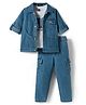 Robo Fry Cotton Woven Full Sleeves Solid Party Shirt & Trouser Set With Printed Inner Tee - Blue