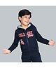 Plum Tree 100% Cotton Knit Full Sleeves College Champs Text Printed Light Winter Hooded Zip Up Sweatshirt - Navy Blue