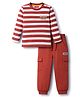 Babyhug Terry Knit Full Sleeves Striped T-Shirt & Lounge Pant Set with Hooded Jacket & Bear Patch Detailing - Brown