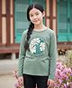 Fort Divine Cotton Knit Full Sleeves Floral Printed Girls Tee - Green