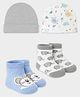 Mi Arcus Cotton Knit Pack Of 2 Cute Baby Animals Designed Socks & Caps - White Blue & Grey